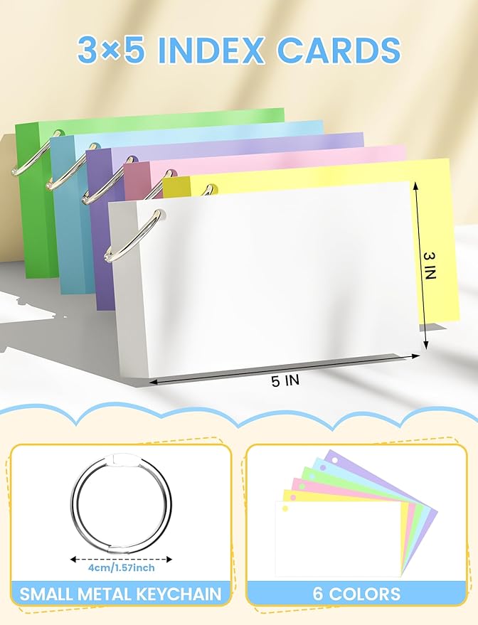 Blank Index Cards with Ring, 600PCS Blank Notecards 3 x 5 Flashcards for Studying，Unruled Flash Note Cards 3 x 5'' Unlined Index Cards Bulk for College Nursing School Supplies,12 Pack of 100, Colored