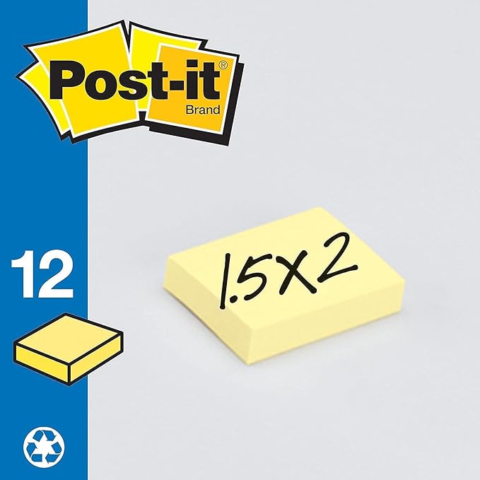 Post-it Greener Notes, 1.5x2 in, 12 Pads, America's #1 Favorite Sticky Notes,Canary Yellow, Clean Removal, 100% Recycled Material (653 RP)