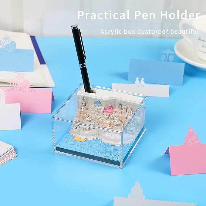 Santorini Memo Pad 3D with Light,Kawaii Memo Pad Non-Stick 3D Sticky Notes,3D Art Craft Note Pad Three-Dimensional Paper Art Notepad with Pen Holder Silhouette DIY Creative Gift