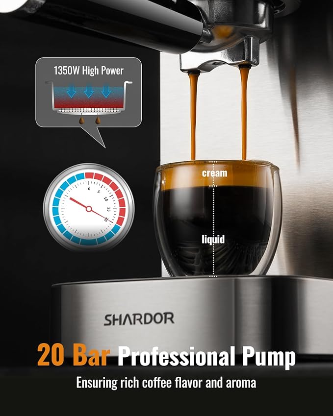 SHARDOR Espresso Machine 20 Bar, Professional Espresso Machine with Milk Frother and Touchscreen, Expresso Coffee Machines with Adjustable Temperature,for Cappuccino, Latte, Stainless Steel, Silver