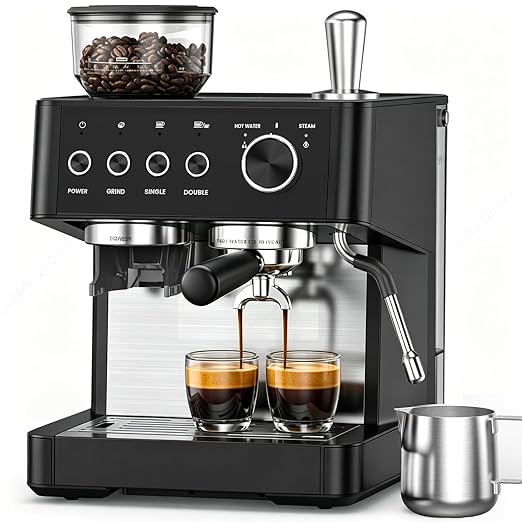 (2026 Upgrade) 15 Bar Espresso Machine with Built-in Anti-Clog Coffee Grinder, Expresso Coffee Machines with Milk Steam Wand/Frother/Tamping Tools,Espresso Maker with Grinder for Lattes-Sleek Black