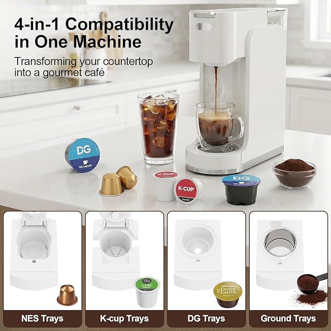 Single-Serve Coffee Maker, 4 in 1 Hot and Iced Coffee Machine, 20-Bar Espresso Coffee Maker for Ground Coffee, K-Cup Pod, NES Original and DG Pod, Customizable Brew Volume, Heats up in 3 seconds