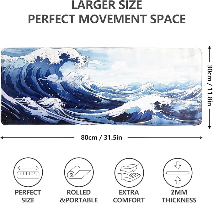 Gaming Mouse Pad XL XXL with World Map(31.5 x 11.8in), Desk Mat&Large Mouse Pad Keyboard Mat 2MM Anti Slip and Waterproof Rubber Mouse Pad(Giant Waves)…