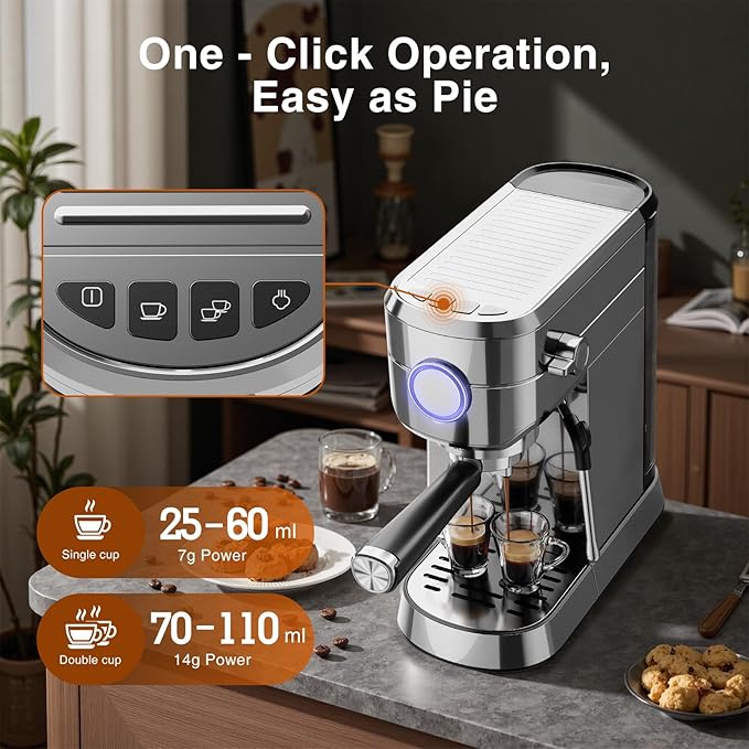 Crzoe 20 Bar Expresso Coffee Machines, Compact 1350W Espresso Machine with Milk Frother, Stainless Steel Cappuccino Machine with Fast Heating System, 1.2L Removable Water Tank, for Home&Office