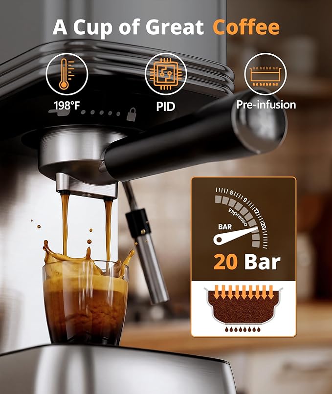 Electactic 20 Bar Espresso Machine, Compact Semi-Automatic Coffee Maker with Steam Frother & Instant Heating System, 45oz Removable Water Tank, for Cappuccino, Latte, Cold Brew, Stainless Steel