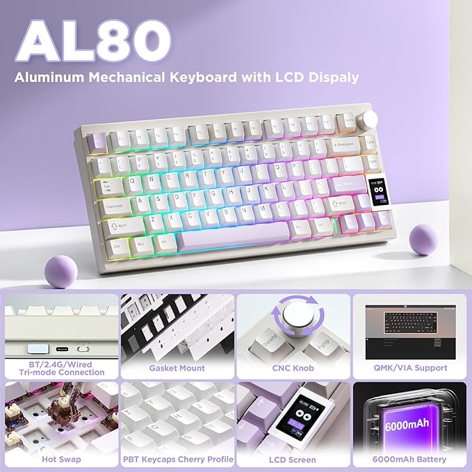 YUNZII AL80 Wireless Mechanical Keyboard,Full Aluminum CNC, Smart LCD Display,Hot Swappable Gasket Mount 75% Layout with Knob,BT/2.4G/USB-C,QMK/VIA Support for Win/Mac (Beige, Cocoa Cream V2 Switch)