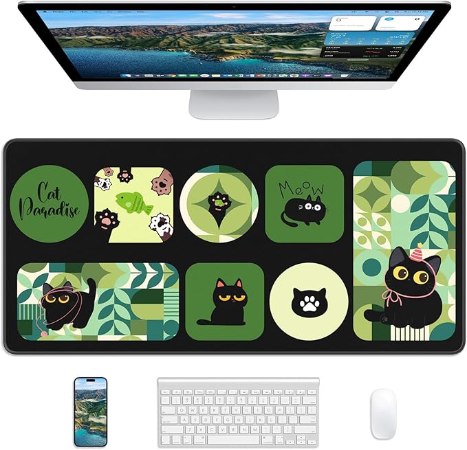 XL Gaming Mouse Pad, 31.5x15.7'' Large Desk Mat with Anti-Slip Rubber Base & Stitched Edges for Gaming, Office, Home - Cute Kitty