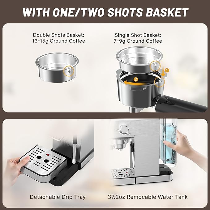 20 Bar Espresso Machine, Semi-Automatic Espresso Machine with Milk Frother, Compact Espresso Coffee Maker For Café-Quality Lattes and Cappuccinos at Home & Office, Silver