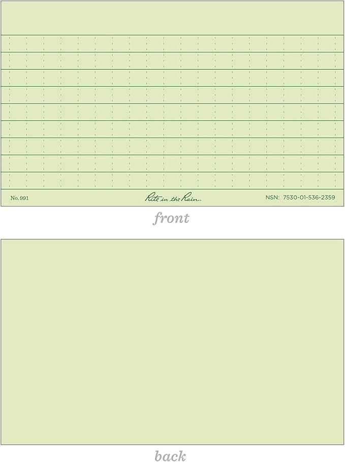 Rite in the Rain Weatherproof Index Cards, 3" x 5", Universal Pattern, Green (No. 991)