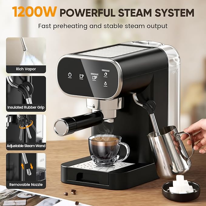 Horavie 20 Bar Espresso Machine with Milk Frother, Home Espresso Coffee Maker with Touchscreen, Fast Heat-Up Coffee Machine with 48oz Removable Tank for Cappuccino, Latte, Americano, Black