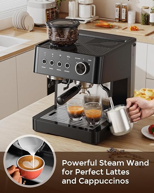 (2026 Upgrade) 15 Bar Espresso Machine with Built-in Anti-Clog Coffee Grinder, Expresso Coffee Machines with Milk Steam Wand/Frother/Tamping Tools,Espresso Maker with Grinder for Lattes-Sleek Black