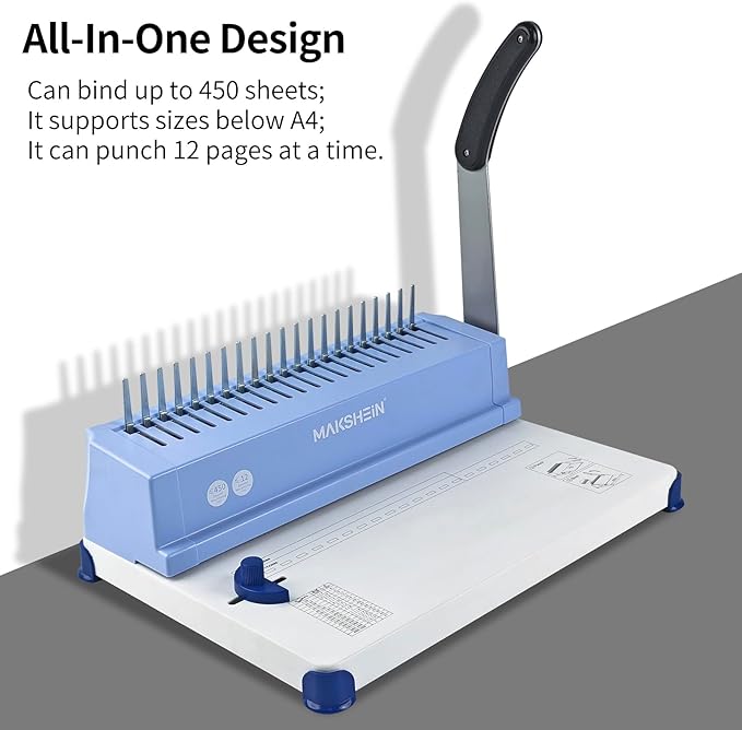 Comb Binding Machine, 21-Hole, 450 Sheets Capacity, Punch up to 12 Sheets, Punch Comb Binder Machines for Letter Size A5/A4 Paper with 100pcs 1/4" Binding Spines