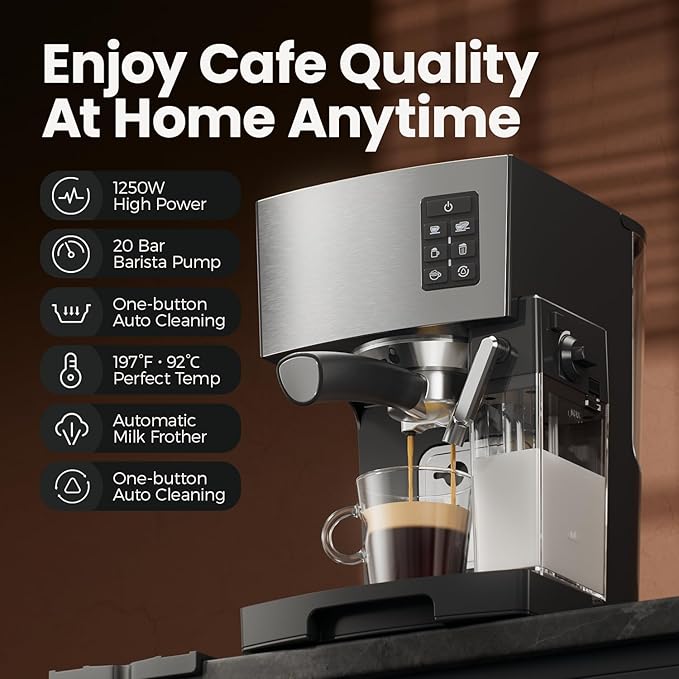 Espresso Machine 20 Bar - Espresso & Coffee Maker with Automatic Milk Frother, Cappuccino Machine, Latte Maker for Home, office, 1250W