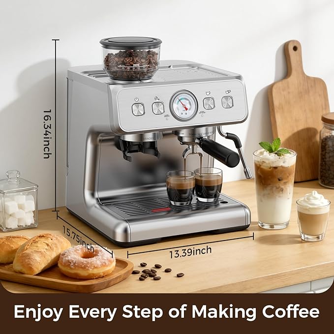 Electactic 15 Bar Espresso Machine with Grinder & Milk Frother, 58mm Expresso Coffee machines, Stainless Steel Coffee Maker for Cappuccino and Latte, Perfect for Home and Café Use-Dual Boiler
