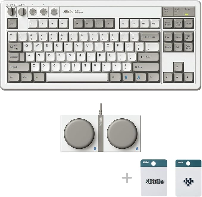 8Bitdo 87 Keys Retro Mechanical Keyboard Bluetooth/2.4G/USB-C, Hot Swappable, Dual Super Programmable Buttons, Volume knob for Windows and Android - M Edition