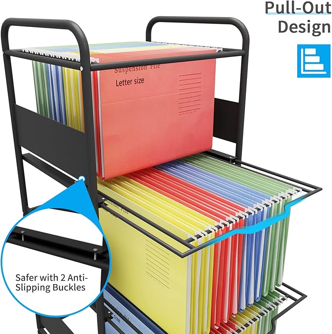 PUNCIA 3 Tiers Metal Rolling File Carts with Wheels Hanging Files for Letter Size Movable Pull-Out File Folder Rack Drawer File Cabinet for Home Office