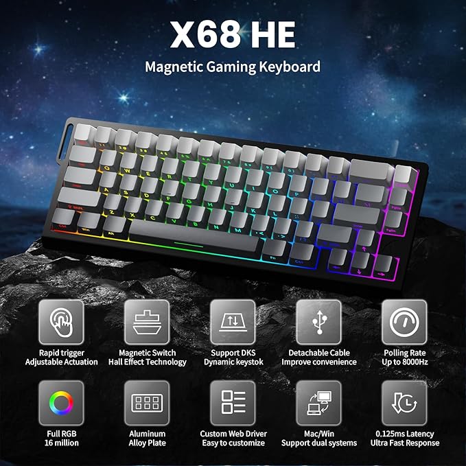 ATTACK SHARK X68 HE 8000Hz Rapid Trigger Keyboard, 0.01mm RT Accuracy Wired Gaming Keyboard with Magnetic Switch, Adjustable Actuation, Rapid Trigger, Snap Tap, RGB Lighting for PC/Mac, Moonlight