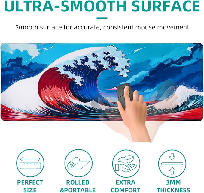 Japanese Style Waves Large Gaming Mouse Pad for Desk, Desk Mat with Seamed Edges, Waterproof Desk Pad, Non-Slip Rubber Base, 31.5x11.8 Inch Keyboard Pad Computer Mat, Big XL Mousepad