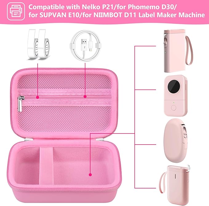 Hard Case Compatible with Nelko P21/for Phomemo D30/for SUPVAN E10/for NIIMBOT D11 Label Maker Machine, Portable Bluetooth Label Printer Storage Holder Bag with Mesh Pocket for Tapes, Pink