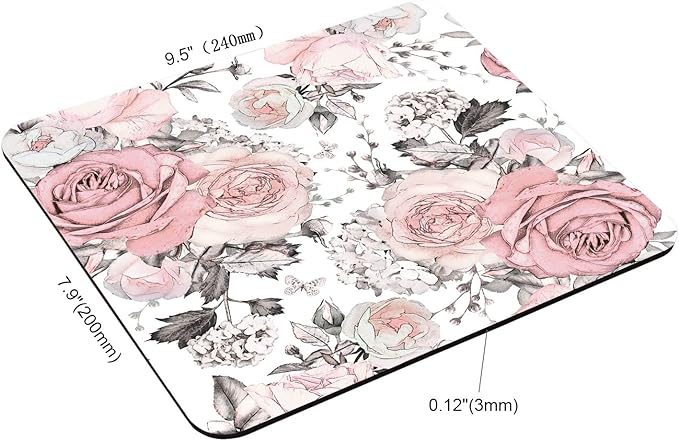 Pink Flowers and Leaves Mouse pad Custom, Retro Spring Floral Branch Rose in Pastel Color Gray Personality Desings Gaming Mouse Pad 9.5"x7.9"x0.12" Inch