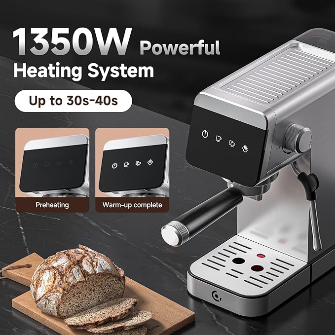 AMZCHEF Espresso Machine 20 Bar, Compact Coffee Maker with LED Touch Screen & Milk Frother, Brushed Stainless Steel Housing Espresso Maker for Home & Office, Coffee Machine for Cappuccino, Latte