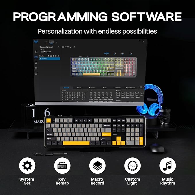 EPOMAKER Aula F108 Wireless Gaming Keyboard, Full Size Mechanical Keyboard with 4000mAh Battery, 108 Hot-Swappable and Programmable Keys, RGB Backlight, for Mac/PC/Android (Grey&Yellow)