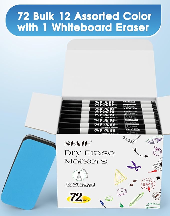 SFAIH Dry Erase Markers Chisel Tip with Magnetic Whiteboard Eraser, 72 Bulk Pack Black White Board Markers for Teachers, Versatile Lines, 1s Quickly Dry, Essential Supplies for Office Teacher