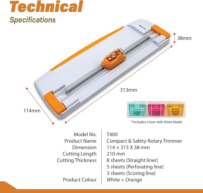 12" Portable Paper Cutter with Safety Guard for Precise Trimming of A4 Paper, cardstock & Photos. Ideal for Scrapbooking & Invitations. Includes 6 Blades & Storage. (Orange)