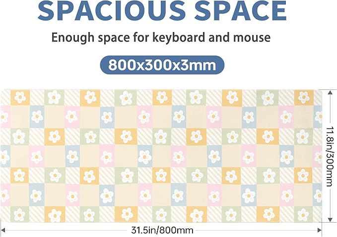 Cute Checkered Mouse Pad Large Desk Mat Extended Keyboard XL Mouse Pad Kawaii Mousepad with Non-Slip Base and Stitched Edge Daisy Mouse Mat Desk Pad 31.5 x 11.8 in Mouse Pads for Desk Home Office