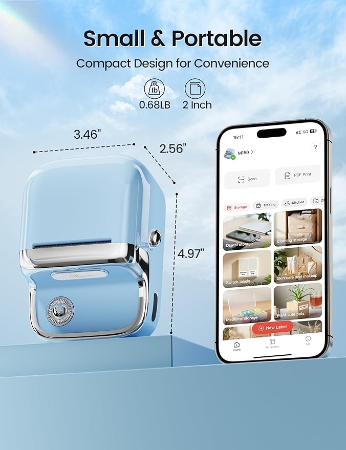 Phomemo M150 Label Maker - 2" Bluetooth Thermal Printer, 203DPI Auto-Return, 700+ Templates, Works with Phone/PC