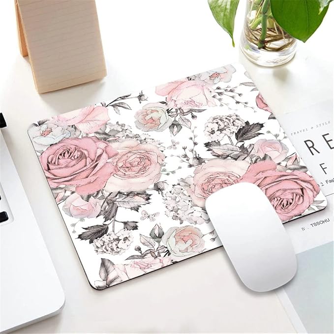 Pink Flowers and Leaves Mouse pad Custom, Retro Spring Floral Branch Rose in Pastel Color Gray Personality Desings Gaming Mouse Pad 9.5"x7.9"x0.12" Inch