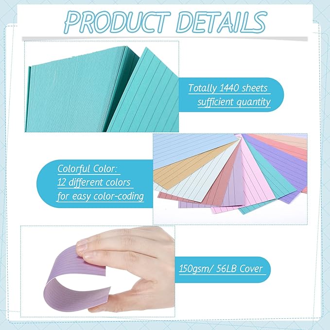 Ctosree 1440 Pcs Colored Index Cards 3 x 5 Inch Flash Cards for Studying Lined Study Note Sheets with Printed Ruled on Both Sides for Studying Memory Learning School, 12 Colors(Soft Color)