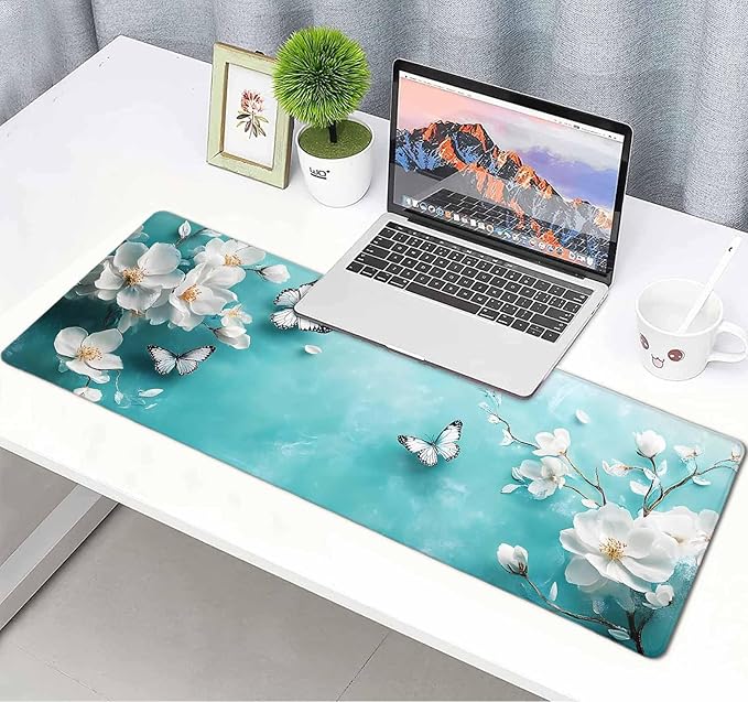 Aqua White Flowers Butterfly Large Mouse Pad, Desk Mat Computer Keyboard Pad Non-Slip Rubber Base Waterproof with Stitched Edges for Laptop Gaming, Office & Home 31.5 x 11.8 Inch (XL-22)