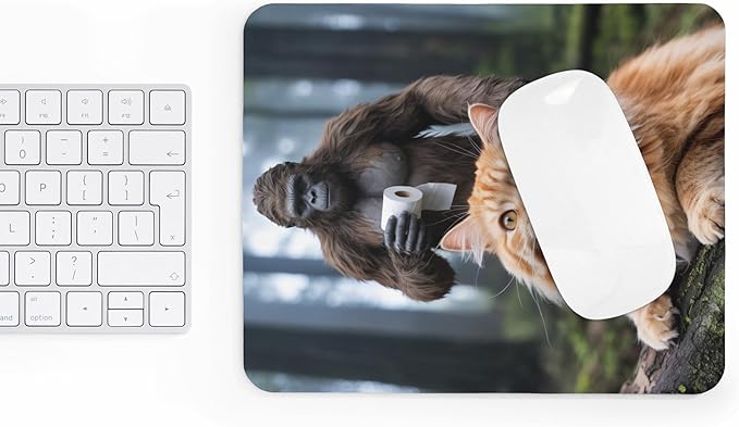Mousepad Funny Cat with Bigfoot Toilet Paper Scene Hilarious Animal Meme Design Unique Sasquatch Humor Desk Accessory Cool Forest Style Computer Mouse pad Novelty Gaming Mouse Mat Creative