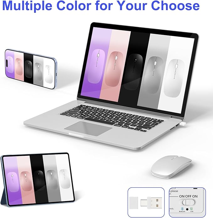 Bluetooth Wireless Mouse for MacBook Air Mac Pro iPad Laptop Computer Pad Optical Rechargeable Slim Silent Dual Mode (2.4G USB-C/USB-A&Bluetooth 5.2/3.0) Mouse Jiggler for Computer Awakening - Silver