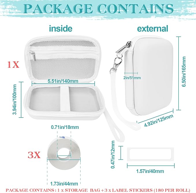Case Compatible with Phomemo D30 D35, for Phomemo D30 Label Maker with 3 Roll Label Tape(Label Paper 1/2" x 1 1/2" (12mm X 40mm))-Hard Shell Storage Bag-White
