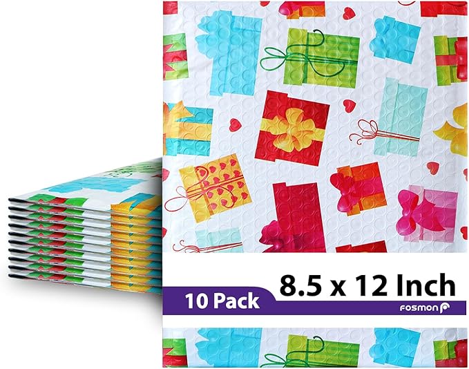 Fosmon #2 Gift Poly Bubble Mailer 8.5 x 12 inches (10 Pack), Lightweight Water/Dust/Shock/Tear Resistant Padded Shipping Envelopes - Birthday, Celebrations, Holiday
