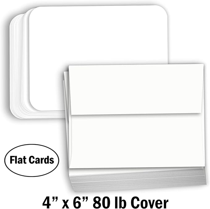 Hamilco White Cardstock Paper, Rounded Corner Cards with Envelopes – 4" x 6", 80 lb Cover, Blank Note, Postcard & Invitation Cards, 100 Pack