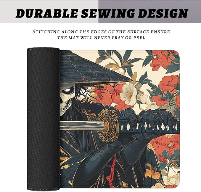 Samurai Desk Pad Mouse Pad Skull Black Gold Japanese Anime Gaming Mouse Mat with Stitched Edges,Non-Slip Waterproof Rubber Base Mous Mat Office Computer Keyboard Laptop Home 31.5"x11.8"