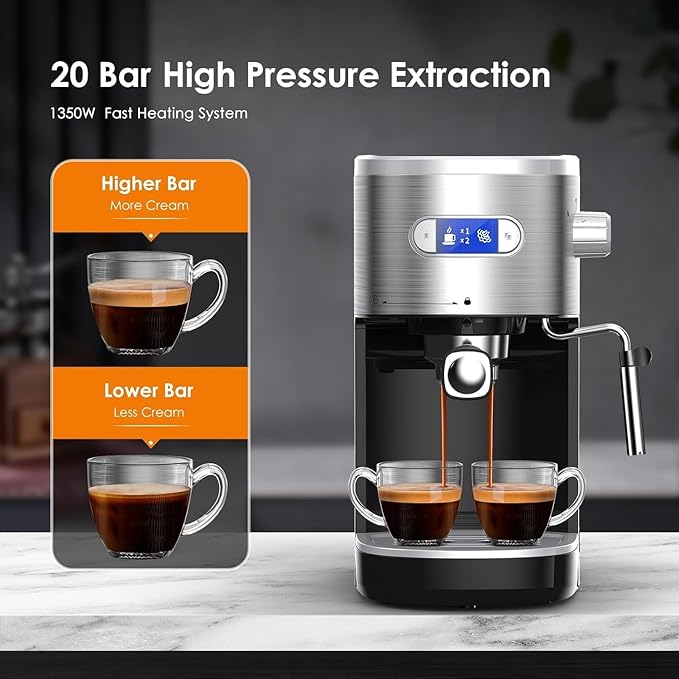 COWSAR Commercial-Grade Espresso Machine, 20Bar High Pressure Compact Coffee Maker with Milk Frother Steam Wand. Equipped with 45oz Detachable Water Tank, Ideal for Brewing Cappuccino