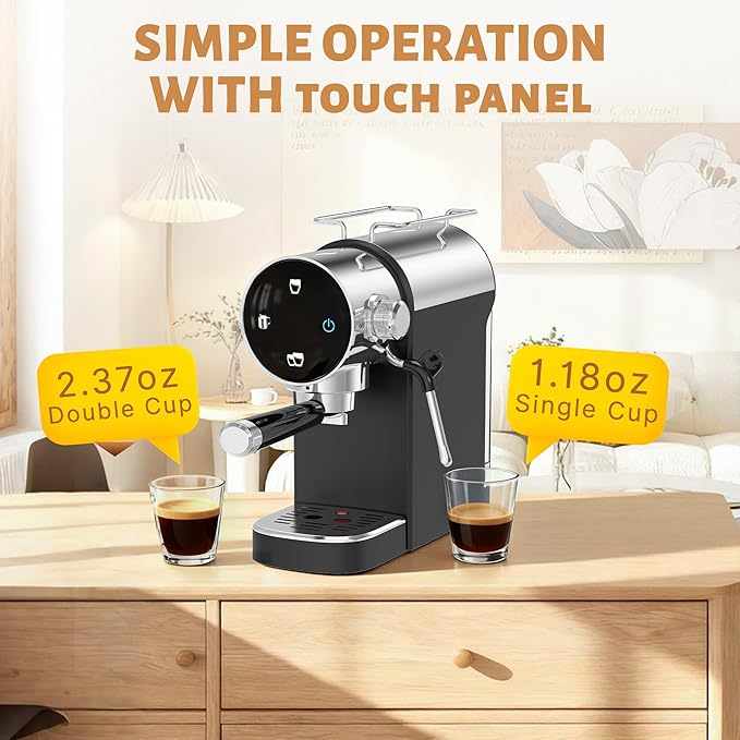 AYCHIRO Espresso Machine 20 Bar, Touchscreen Espresso Coffee Machine with Steamer, Espresso Maker with Milk Frother for Latte & Cappuccino, Removable Water Tank, Black