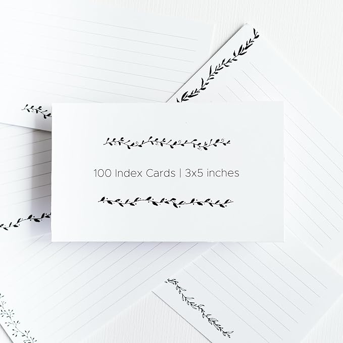 Leaf Garland Index Cards by Pure Print and Design | Floral Flash Cards Perfect For Study Sessions & Learning | 100 Cards of Premium Quality with 5 Different Designs | Black and White | 3x5 inches