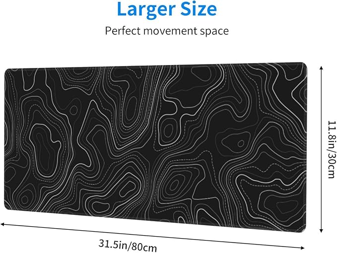 Topographic Map Minimalist Gaming Mouse Pad Desk Mat XL 31.5×11.8 Inch Black Lines Contour Geographic Extended Mousepad 30X80cm with Non-Slip Rubber Base Stitched Edge for Gamer Office Home Work