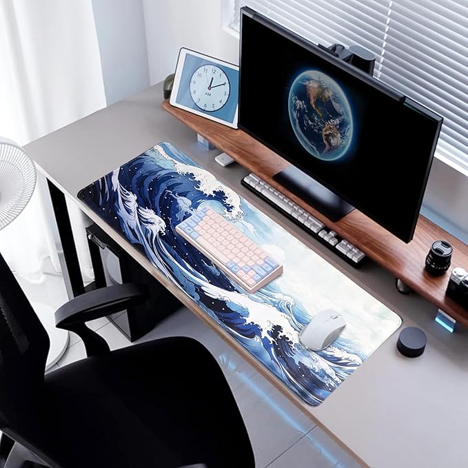 Gaming Mouse Pad XL XXL with World Map(31.5 x 11.8in), Desk Mat&Large Mouse Pad Keyboard Mat 2MM Anti Slip and Waterproof Rubber Mouse Pad(Giant Waves)…