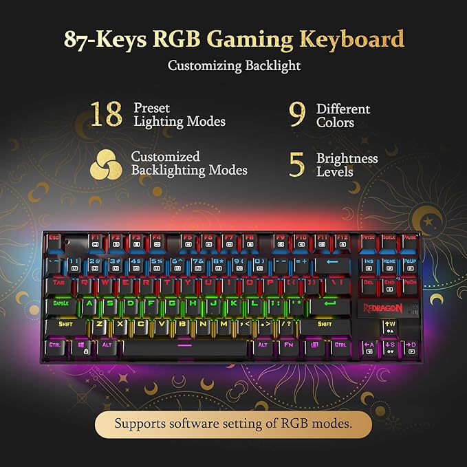 Redragon K552P Mechanical Gaming Keyboard TKL with 18 Backlight Modes, Hot-Swappable Red Switches, 87-Key Compact Ergonomic Design, N-Key Rollover & Software Programmable Macro - RGB, Black