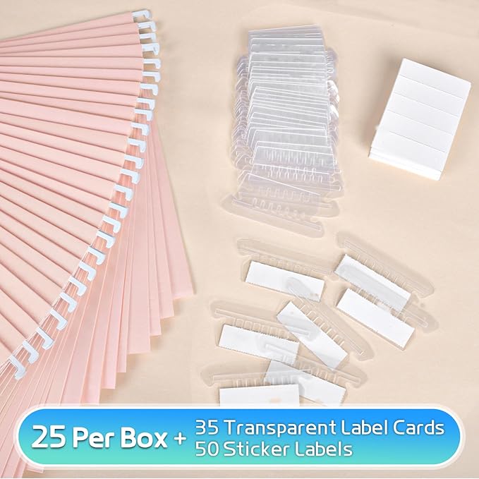 25-Pack Pink Hanging File Folders, Letter Size with 1/5-Cut Tabs, 35 Transparent Label Cards & 50 Sticker Labelsfor Home & Office Organization