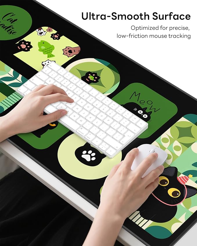 XL Gaming Mouse Pad, 31.5x15.7'' Large Desk Mat with Anti-Slip Rubber Base & Stitched Edges for Gaming, Office, Home - Cute Kitty