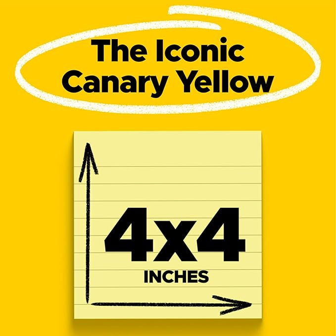 Post-it Super Sticky Lined Notes,6 Sticky Note Pads,4 x 4 in.,Ideal for Organization in Your Dorm,Home or Office,Canary Yellow,(Pack of 6)