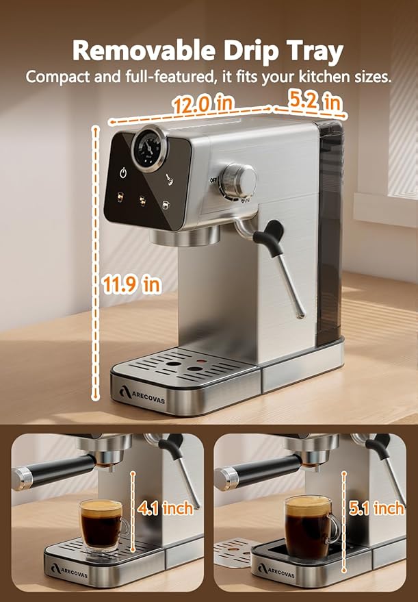 Arecovas Espresso Machine with Milk Frother, 20 Bar Compact Coffee Machine with Touch Screen & 41oz Water Tank for Home Use, Stainless Steel Espresso Coffee Maker for Americano, Cappuccino, Latte