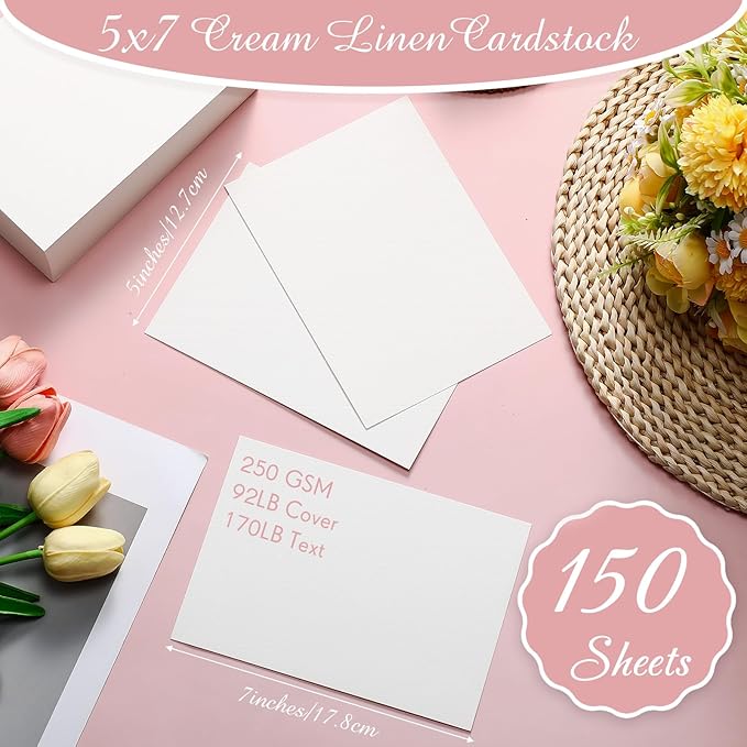Geosar 150 Sheet Linen Cardstock 5 x 7 Invitation Cardstock Heavyweight Printer Paper 92lb 250gsm Index Cards for Printer Cover Postcards Blank Flash Note Greeting (Beige)